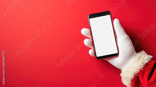 Santa gloved hand holding smartphone against red background