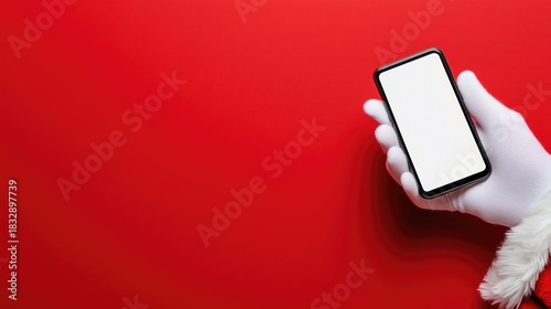 Santa hand holding blank smartphone on red background for christmas ad concept