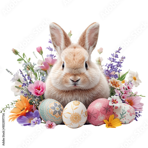 Cute Rabbit Surrounded by Colorful Easter Eggs and Vibrant Flowers in Springt...