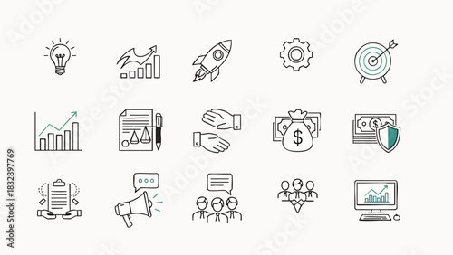 A set of vector line icons depicting business and finance concepts, including growth, teamwork, money, and ideas, against a clean white backdrop.