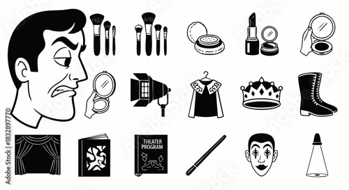 This illustration features a collection of theatrical elements in black and white, from makeup and costumes to props, creating a stage-ready composition.