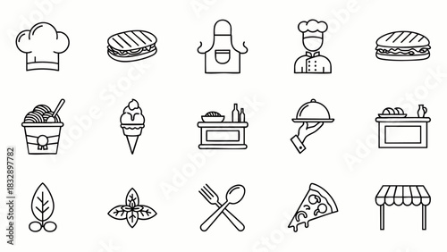 A set of outlined icons representing various aspects of the culinary world, from chefs and cooking to different food items, on a clean white background.