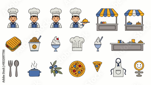 This vector illustration features a variety of food-related icons, including chefs, food stalls, sandwiches, desserts, utensils, and various food items.