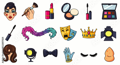 This whimsical cartoon illustration showcases a variety of makeup and stage accessories, perfect for adding a playful touch to creative projects.