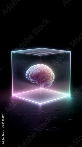 Futuristic human brain glowing inside a transparent glass cube with neon lights. 3D render concept of artificial intelligence, neural networks and mental health on dark background.