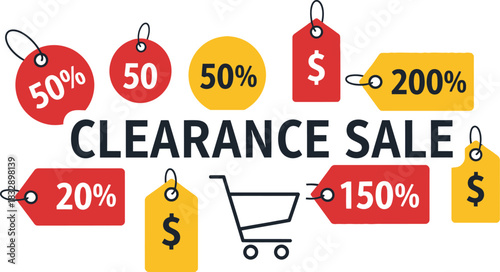 Clearance sale promotion with discount tags isolated on white background