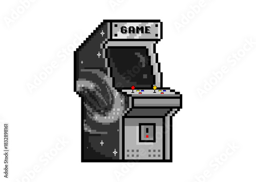 Pixel art illustration of a retro arcade game cabinet with joysticks and colorful buttons, decorated with a space-themed design on the side.