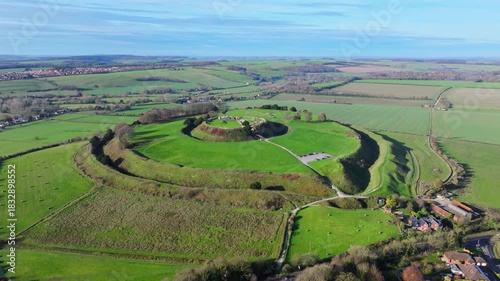 Aerial shot circling the ancient fort of Old Sarum, Salisbury, Wiltshire