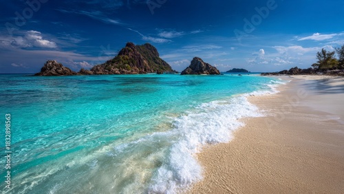 Tropical paradise with stunning clear turquoise ocean water and sandy beach