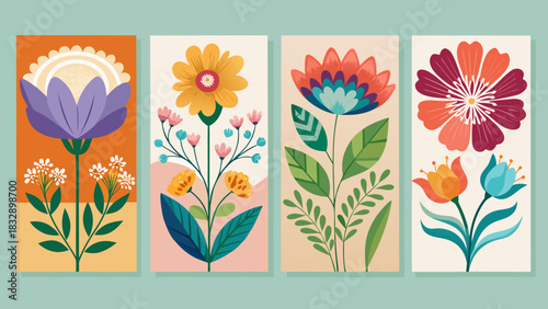 A collection of four vibrant stylized floral illustrations in a vertical layout
