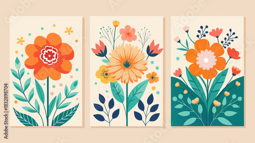 Three panels of colorful abstract floral illustrations in a modern flat design style