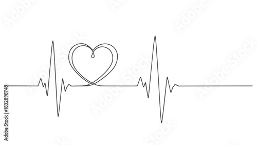 One continuous line art illustration of a dynamic heartbeat rhythm, gracefully incorporating a minimalist heart shape within the pulse pattern