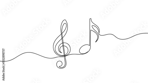 Continuous one line art of a musical treble clef and eighth note, isolated on a white background