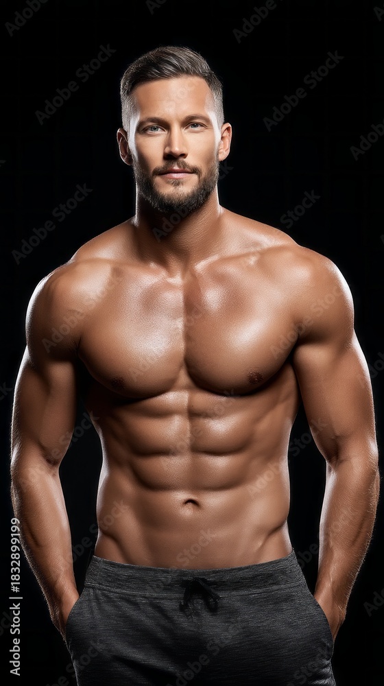 Fototapeta premium A muscular man stands proudly with an athletic build, showcasing defined abs and strong arms. The dark background highlights his toned form, radiating confidence and dedication to fitness