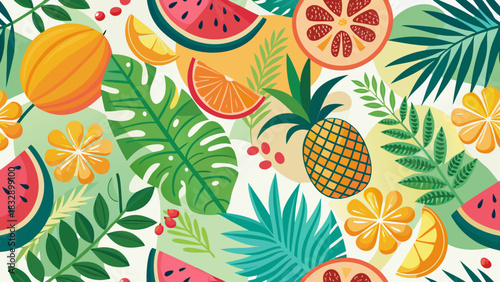 Vibrant tropical fruit and palm leaf pattern with a refreshing summer feel