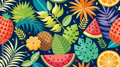 Vibrant tropical fruit and leaf pattern with pineapples watermelon oranges and monstera leaves on a dark blue background