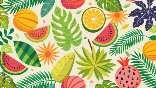 Vibrant tropical fruit and leaf pattern with watermelon orange pineapple and palm leaves
