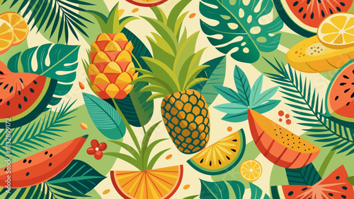 Vibrant tropical fruit and leaf pattern featuring pineapples watermelon oranges and palm leaves