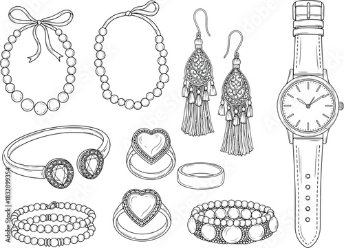 Collection of elegant jewelry and accessories including necklaces bracelets earrings and a watch in a detailed line art illustration