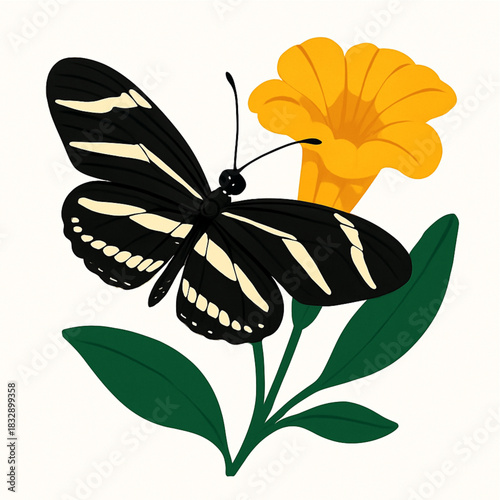 Minimalist and vibrant vector collection of different butterfly species sitting on spring and summer flowers. Flat design for digital projects, greeting cards, and nature-themed graphics.