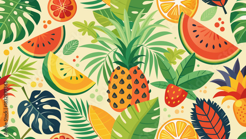 Vibrant tropical fruit and palm leaf pattern with pineapple watermelon orange and strawberry
