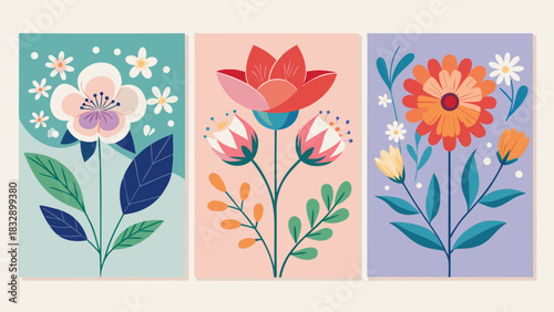 Three panels of vibrant abstract floral illustrations in a modern flat design style