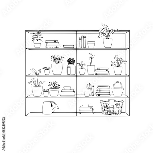 Minimalist interior design line drawing of a sleek shelving unit with clean lines and simple shapes, organized with a variety of potted plants with delicate leaves and slender stems, stacked books wit