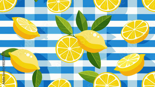 Bright yellow lemons and slices with green leaves scattered across a blue and white checkered picnic blanket background