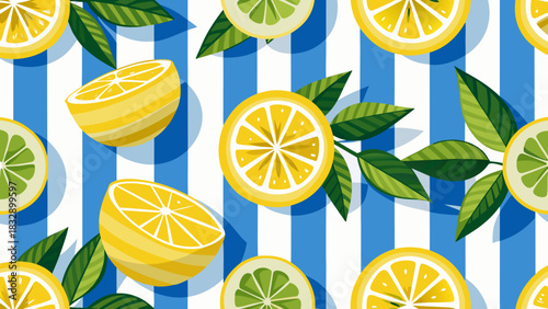 Vibrant seamless pattern of sliced lemons and limes with green leaves on a blue and white striped background