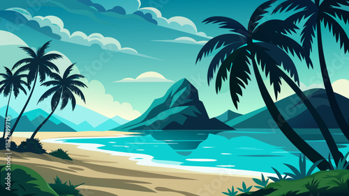 Idyllic tropical beach with palm trees turquoise water and a majestic mountain island under a cloudy sky