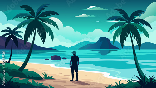 A lone figure stands on a sandy beach gazing at a serene tropical island landscape with palm trees