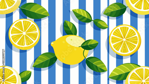 Bright yellow lemons and slices with green leaves scattered on a blue and white striped background