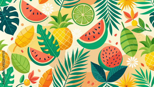 Vibrant tropical fruit and leaf pattern with watermelon pineapple and lime slices