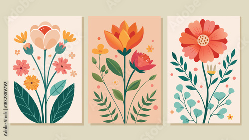 Three panels of stylized floral illustrations with vibrant colors and botanical elements