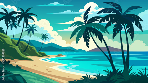 Stylized tropical beach scene with palm trees turquoise ocean and distant mountains under a cloudy sky