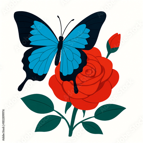 Minimalist and vibrant vector collection of different butterfly species sitting on spring and summer flowers. Flat design for digital projects, greeting cards, and nature-themed graphics.