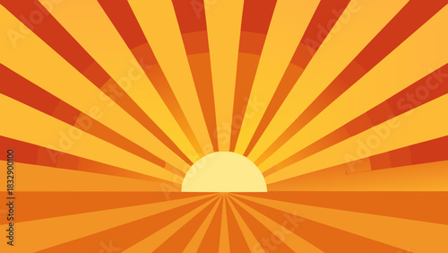Stylized sunrise or sunset with radiating rays of orange and yellow light over a flat horizon