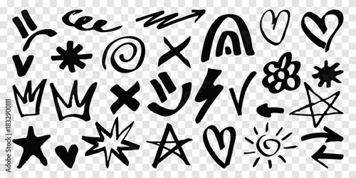 A set of hand drawn doodle elements with marker texture. The set includes icons such as a crown, arrow, heart, star, and more