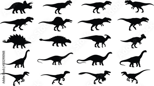 Prehistoric Dinosaur Silhouette Set Collection of Tyrannosaurus Rex, Triceratops, Raptor, Stegosaurus, and Various Extinct Giant Reptile Vector Icons.