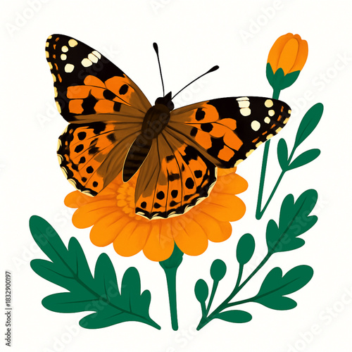 Minimalist and vibrant vector collection of different butterfly species sitting on spring and summer flowers. Flat design for digital projects, greeting cards, and nature-themed graphics.
