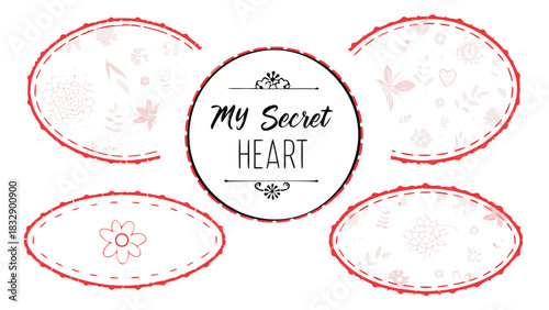 Whimsical floral illustrations and decorative elements frame the central text my secret heart in a charming hand drawn style with a red border