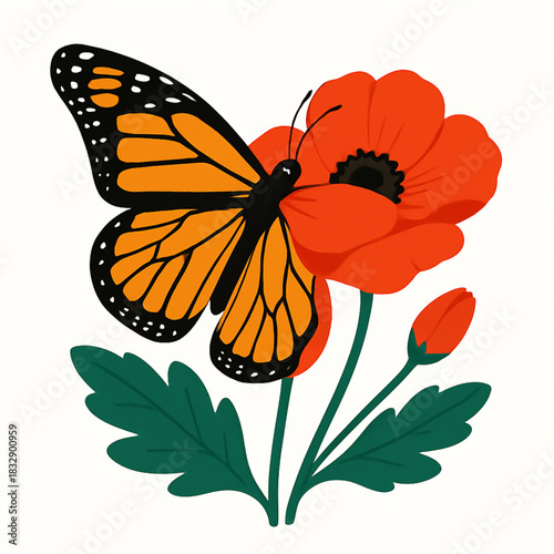 Minimalist and vibrant vector collection of different butterfly species sitting on spring and summer flowers. Flat design for digital projects, greeting cards, and nature-themed graphics.