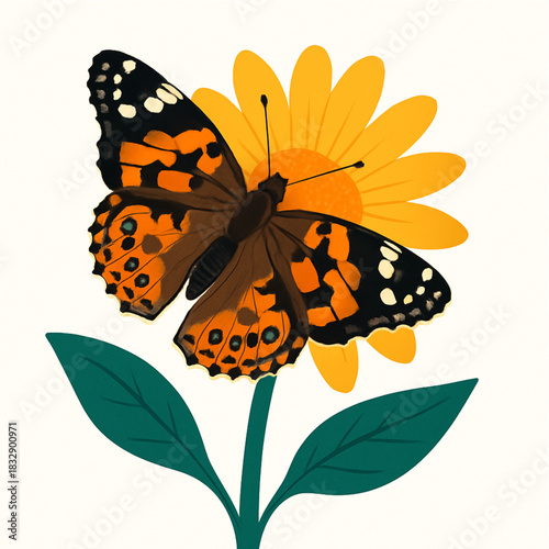 Minimalist and vibrant vector collection of different butterfly species sitting on spring and summer flowers. Flat design for digital projects, greeting cards, and nature-themed graphics.