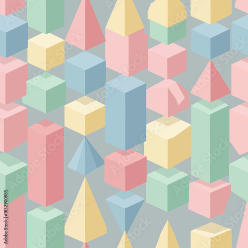 Abstract seamless pattern with isometric 3D geometric shapes in soft pastel colors. Vector Illustrations. EPS Editable
