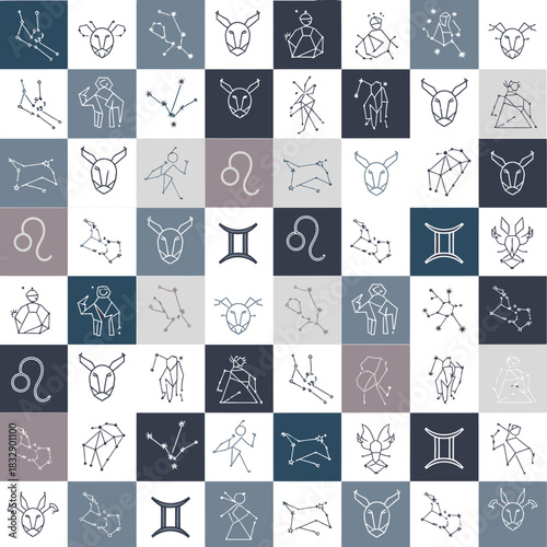Astrology Zodiac Signs Constellations and Symbols Seamless Pattern Background. Vector Illustrations. EPS Editable