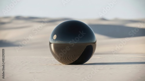 Mysterious dark egg shaped object rests on sandy desert landscape