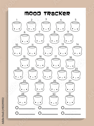 Mood tracking page with funny marshmallows, cute vector monthly planner with characters