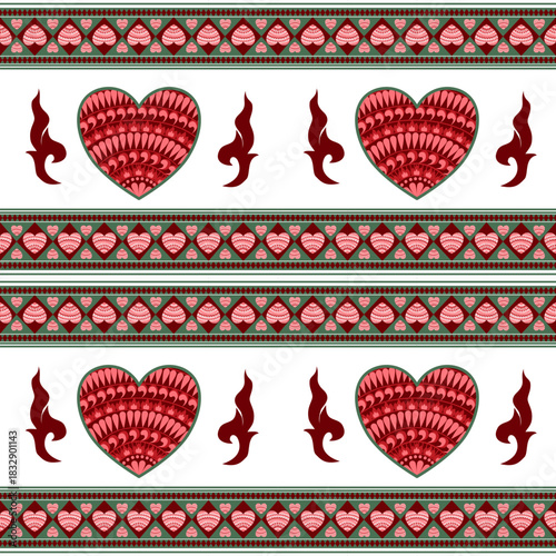 Seamless Red Heart Pattern Border with Intricate Traditional Thai Motifs
