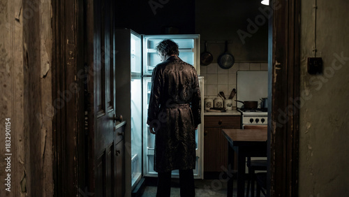 A lonely man in a coat stands in front of an open refrigerator in a dark, old kitchen. A moody, atmospheric scene of poverty, loneliness, and despair.