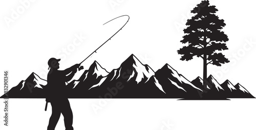 Mountain Fishing Silhouette Vector – Angler Black Outline Design